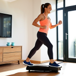 **

A cheerful woman in her 30s exercising on an electronic stepper at home. She's wearing comfortable workout clothes. Sunlight streams through a window. In the background, a TV is on, showing a cooking program. The overall feeling is bright, energetic, and inviting. Emphasize the ease and accessibility of exercising at home. Focus on a clean and modern interior design.

**