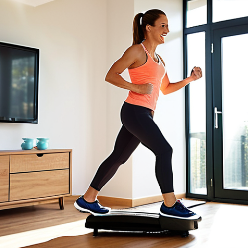 **

A cheerful woman in her 30s exercising on an electronic stepper at home. She's wearing comfortable workout clothes. Sunlight streams through a window. In the background, a TV is on, showing a cooking program. The overall feeling is bright, energetic, and inviting. Emphasize the ease and accessibility of exercising at home. Focus on a clean and modern interior design.

**