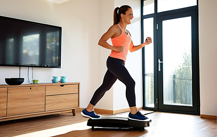 **

A cheerful woman in her 30s exercising on an electronic stepper at home. She's wearing comfortable workout clothes. Sunlight streams through a window. In the background, a TV is on, showing a cooking program. The overall feeling is bright, energetic, and inviting. Emphasize the ease and accessibility of exercising at home. Focus on a clean and modern interior design.

**