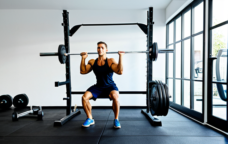 Home Gym Setup**

"A tidy and well-organized home gym featuring a barbell set. The barbell has weight plates on it and is resting on a squat rack.  Rubber flooring is visible.  The room is brightly lit with natural light.  Fully clothed individual exercising in a professional manner.  Proper form, perfect anatomy, safe for work, appropriate content, modest, family-friendly, professional gym environment."

**