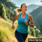 야외 운동용 레깅스 소재별 비교 - **Prompt:** A dynamic full-body shot of a fit woman in her late 20s to early 30s, confidently trail ...