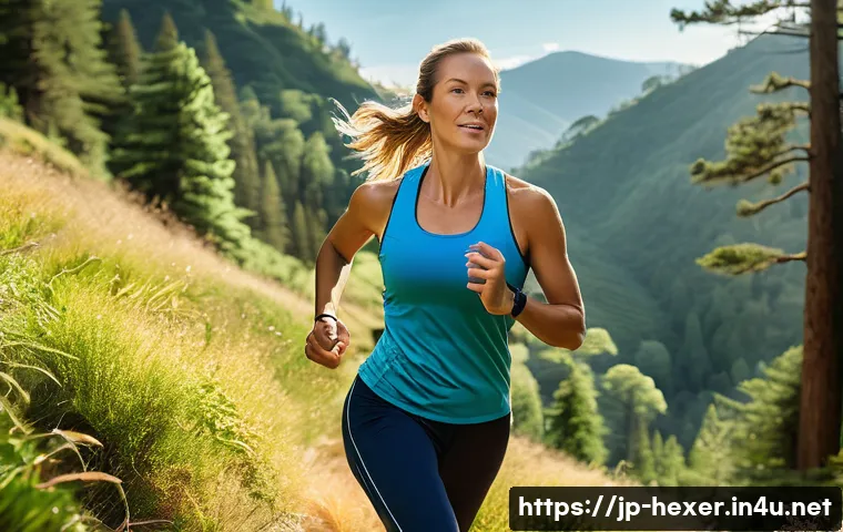 야외 운동용 레깅스 소재별 비교 - **Prompt:** A dynamic full-body shot of a fit woman in her late 20s to early 30s, confidently trail ...