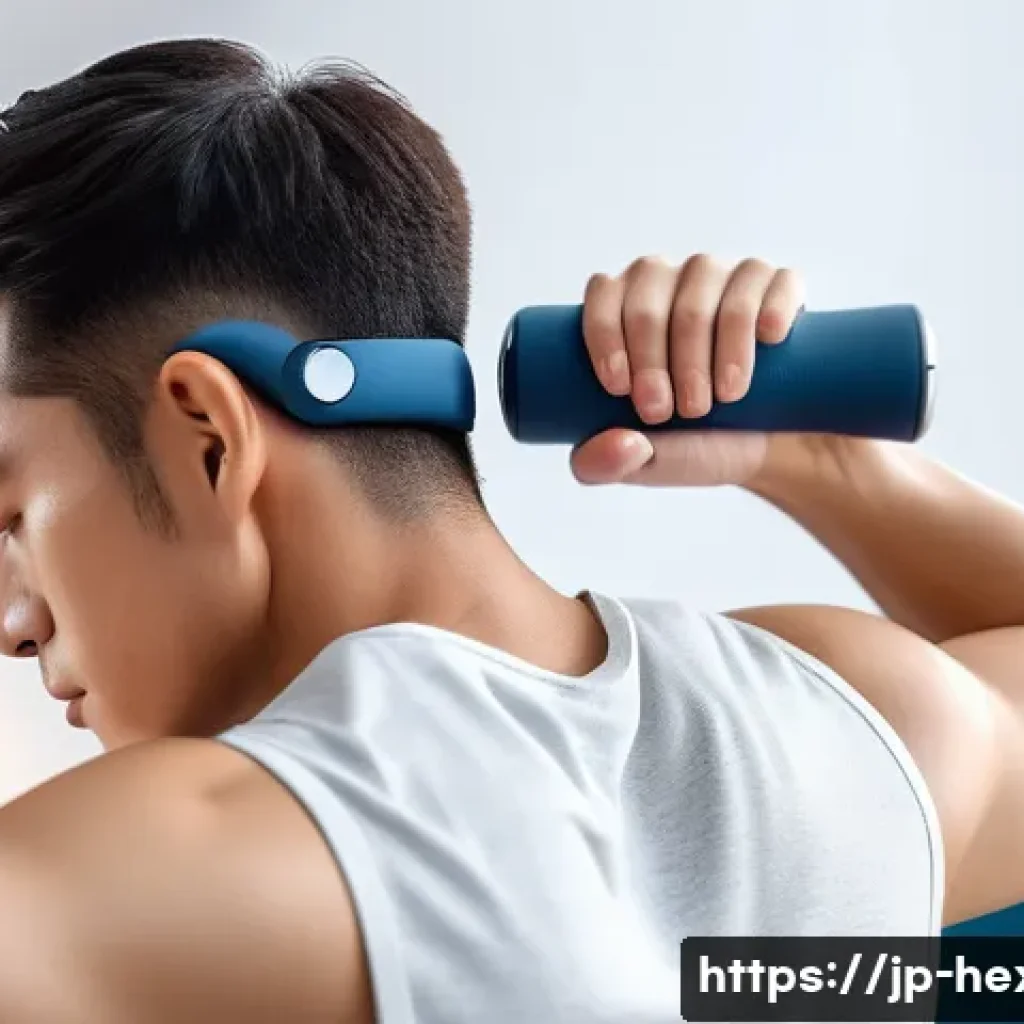 근육 회복을 돕는 마사지건 비교 - A modern, sleek massage gun in use on a person’s shoulder, featuring a U-shaped attachment gently pr...