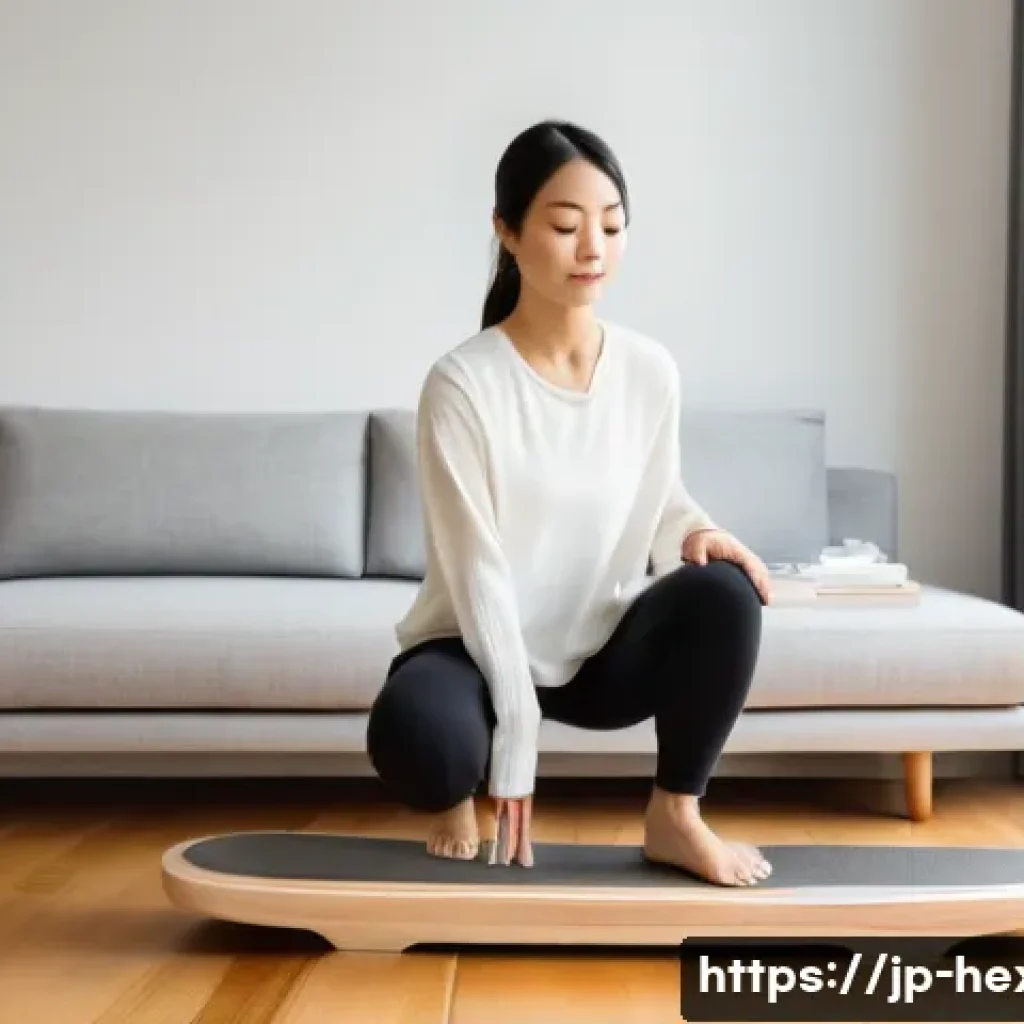 코어 안정성을 위한 균형 운동 기구 - A focused scene of a Japanese woman in her 30s practicing on a balance board in a bright, modern liv...