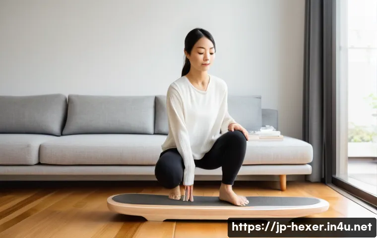 코어 안정성을 위한 균형 운동 기구 - A focused scene of a Japanese woman in her 30s practicing on a balance board in a bright, modern liv...