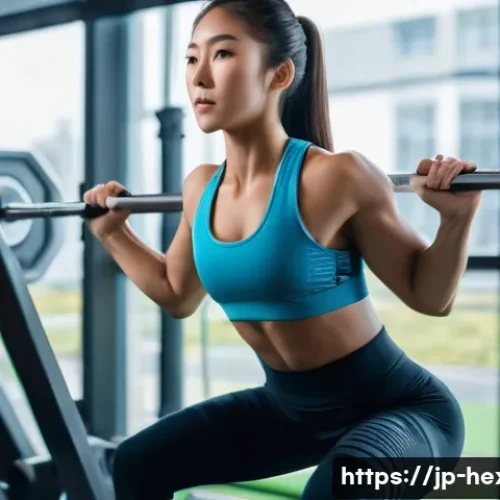 스쿼트 머신과 프리웨이트 비교 - A modern gym scene featuring a young Japanese woman in athletic wear using a squat machine. She wear...