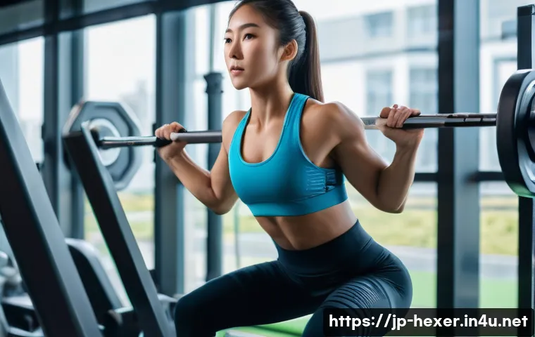 스쿼트 머신과 프리웨이트 비교 - A modern gym scene featuring a young Japanese woman in athletic wear using a squat machine. She wear...
