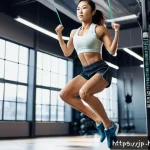 스피드 로프와 일반 줄넘기의 차이 - A dynamic fitness scene featuring a young Japanese woman in sporty athletic wear, wearing a light-co...