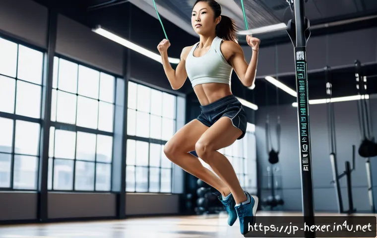 스피드 로프와 일반 줄넘기의 차이 - A dynamic fitness scene featuring a young Japanese woman in sporty athletic wear, wearing a light-co...