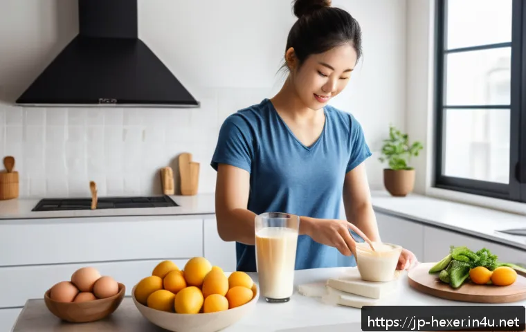 단백질 보충제 섭취 방법과 추천 브랜드 - A modern Japanese kitchen scene with a young adult Japanese person preparing a morning protein shake...