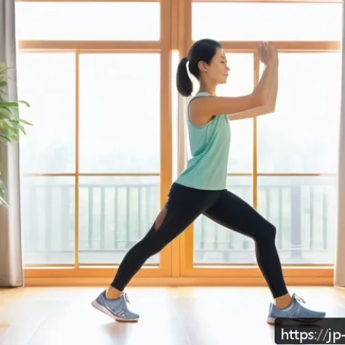 집에서 쉽게 하는 유산소 운동 추천 - A modern Japanese living room with a young Japanese woman doing in-place walking exercise wearing co...