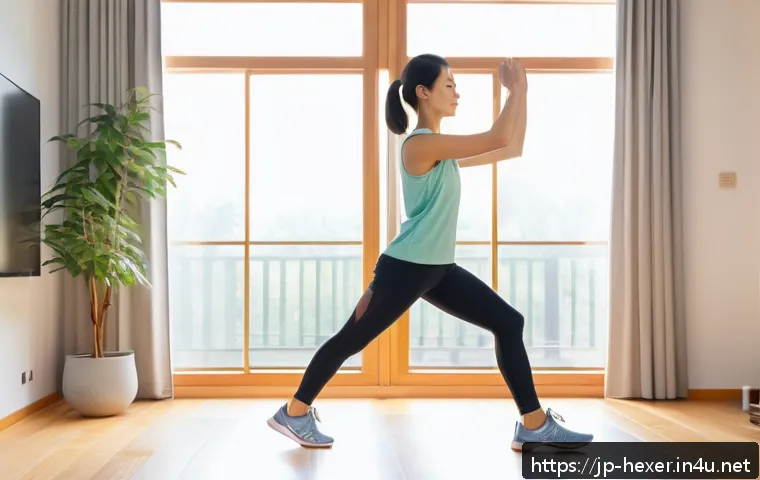 집에서 쉽게 하는 유산소 운동 추천 - A modern Japanese living room with a young Japanese woman doing in-place walking exercise wearing co...
