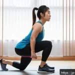 밴드 스쿼트와 일반 스쿼트 차이 - A focused scene of a young Japanese woman performing a band squat at home, wearing comfortable athle...