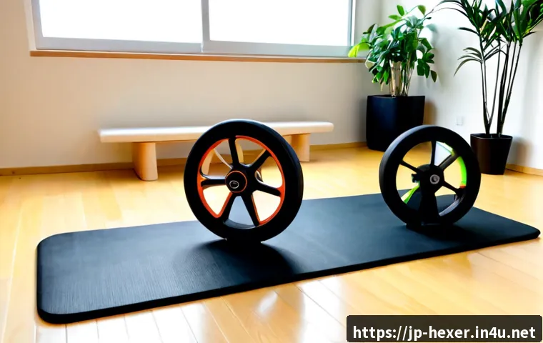 복부 운동용 휠과 슬라이더 비교 - Photorealistic fitness comparison scene in a bright minimalist Japanese apartment living room, an ab...